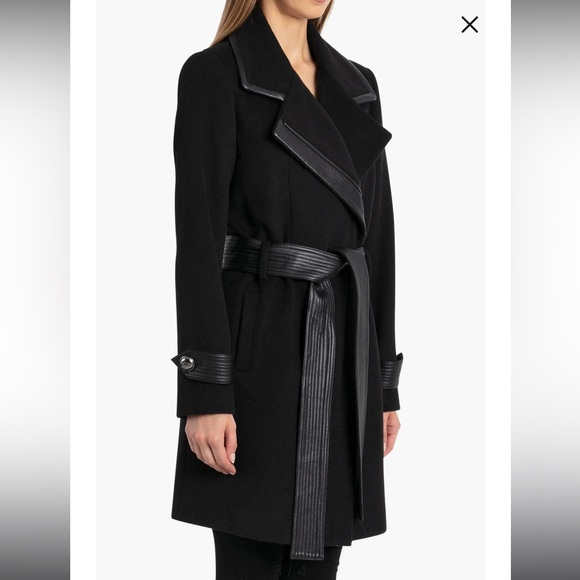 Badgley Mischka Collection Faux Leather Trim Wool Blend Coat - Picture 3 of 12